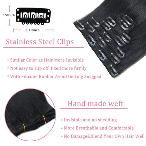 Jet Black Real Human Hair Clip in Extensions - Remy, Invisible, Natural Straight, Seamless - 7pcs Double Weft, 22 Inch, 120g