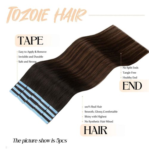 TOZOIE Tape in Hair Extensions Human Hair,20pcs 20 Inch Hair Extensions Real Human Hair Tape in Straight Invisible Tape in Hair Extensions for Women (1BT4P1B, 20 Inch)