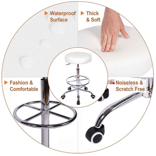 VECELO Round Rolling Stool with Footrest and Wheels, Easy Assembly PU Leather Height Adjustable Drafting Swivel Chair for Spa Salon, Office, Medical, Beauty, Bar, Lab, White