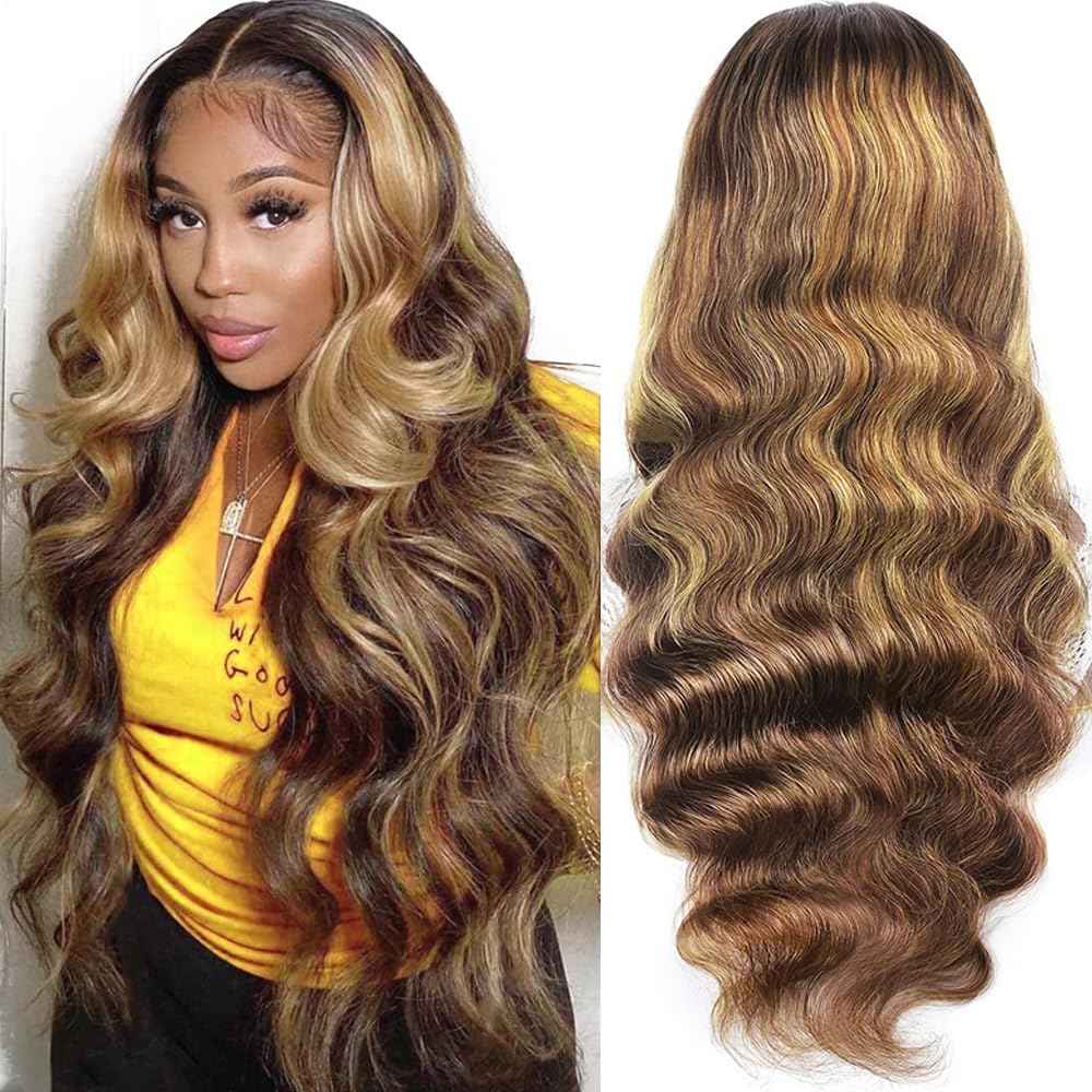 Kucmir 30 Inch Highlight Lace Front Wig - Human Hair Pre Plucked Ombre Lace Front Wig with Baby Hairline
