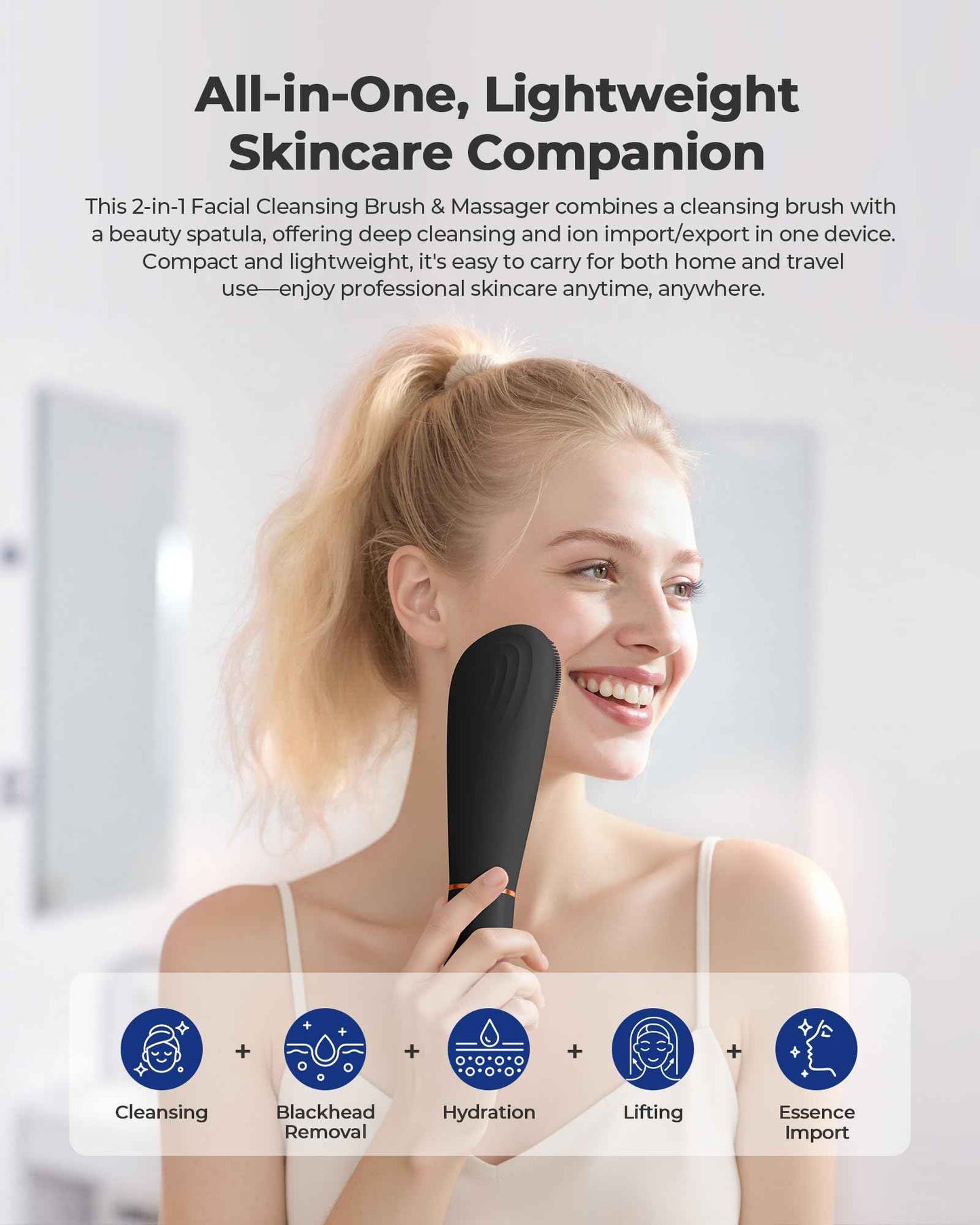 2 in 1 Facial Cleansing Brush & Massager, Facial Skin Scrubber Waterproof and Rechargeable Face Scrub for Deep Cleansing Vibrating Exfoliator Scrubber Skin Care with 7 Modes,Gentle Exfoliating - Black