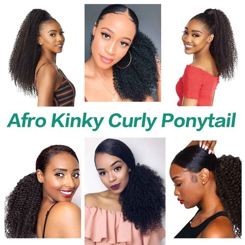 Humistwbiu Afro Kinky Curly Drawstring Ponytail 4C for Black Women Human Hair Drawstring Ponytail Extension Natural Black 24Inch