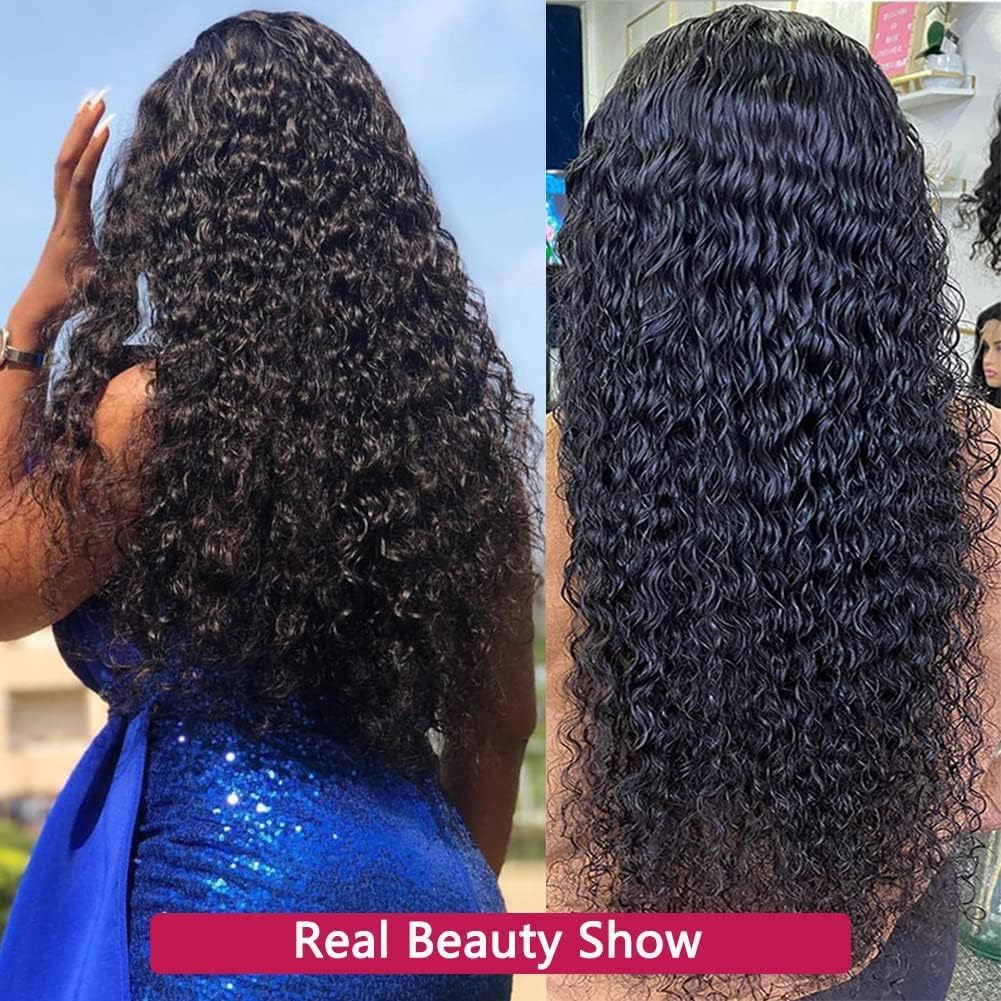 13x4 Water Wave Lace Front Wigs Pre Plucked Glueless Wigs for Black Women 180 Density Curly Human Hair Wig Wet and Wavy Lace Frontal Wigs With Baby Hair Wig (Natural, 30inch)