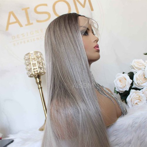 Aisom Ash Grey Lace Front Wigs For Women Synthetic Ombre Lace Frontal Wig Dark Roots Ash Brown Long Wig Lace Front Synthetic Wigs 24 inch