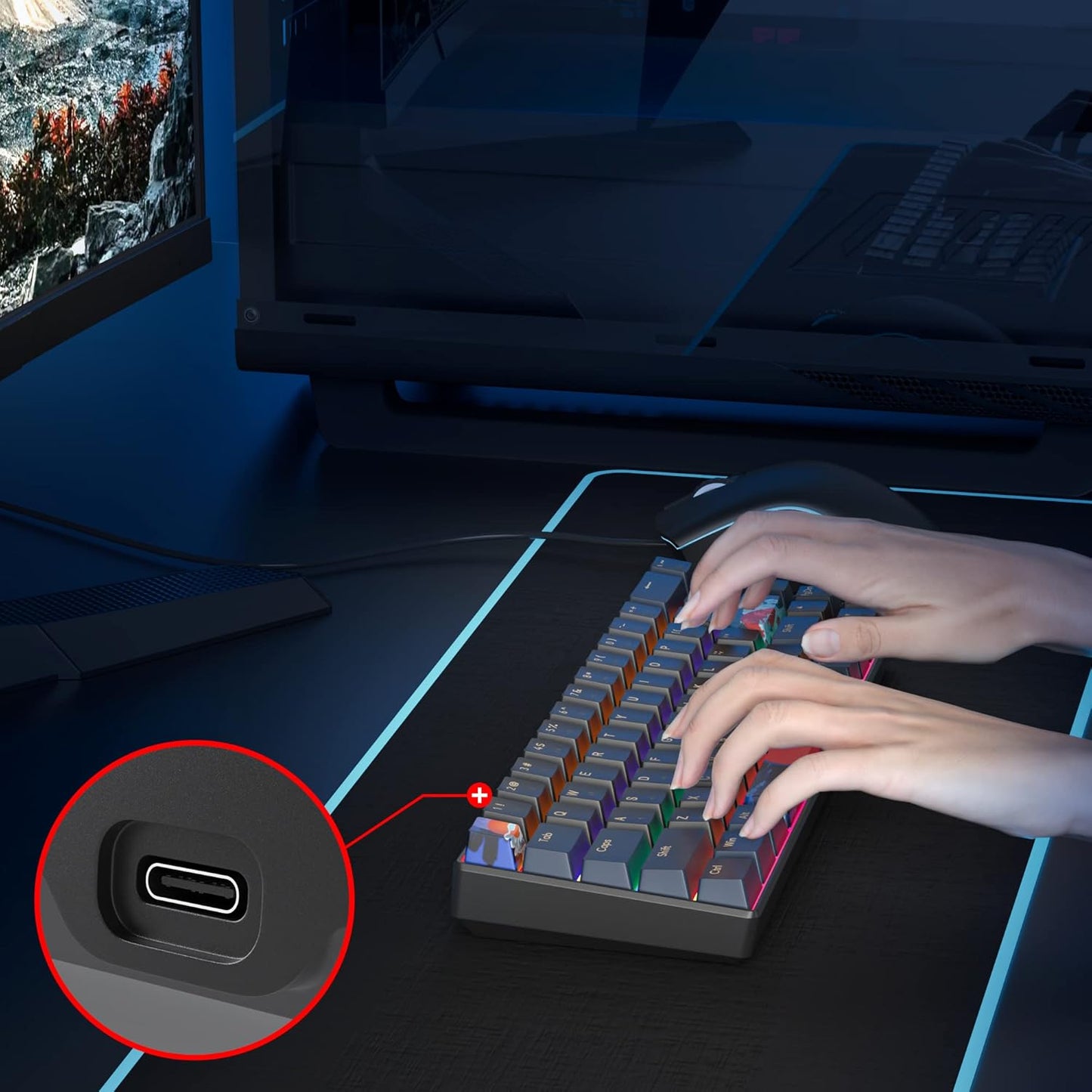 60 Percent Gaming Keyboard Mechanical with Linear Red Switch, 65% Wired Ultra-Compact Mini Keyboard Rainbow with PBT Keycaps for Ps4/Ps5/Xbox(68 MonsterB)