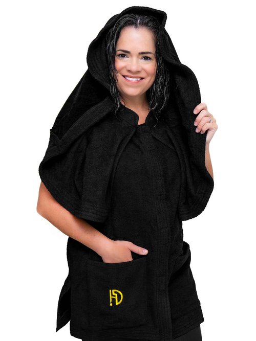 HAIR DRIP WEAR 2-In-1 Premium Protective Wearable Garment with Integrated Hair Drying Towel, BLACK, LARGE-XLARGE | Double Layered, Unisex | Super Absorbent, Quick-Dry, Natural Curly & Coily Hair