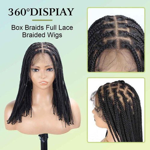 Vecago Short Braided Wigs for Black Women, 12 inch Knotless Single Full Lace Box Braid Wigs with Baby Hair Black Synthetic Braid Wig