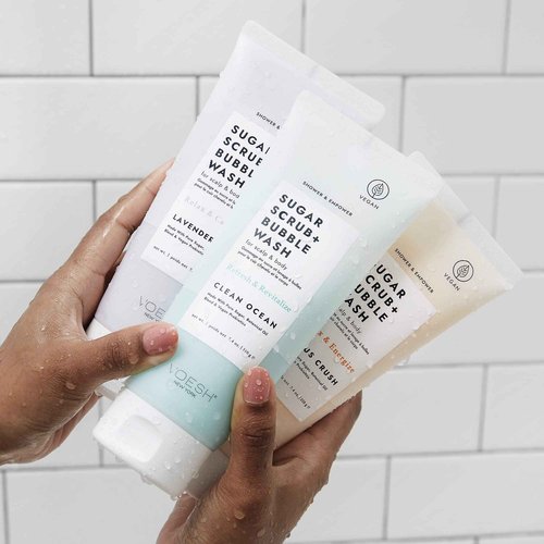 VOESH Sugar Scrub + Bubble Wash, Exfoliating Body Scrub & Body Wash, Lavender Land 2 Pack, Scalp Scrub, Scalp Care, Shower Sugar Scrub, Vegan Body Care