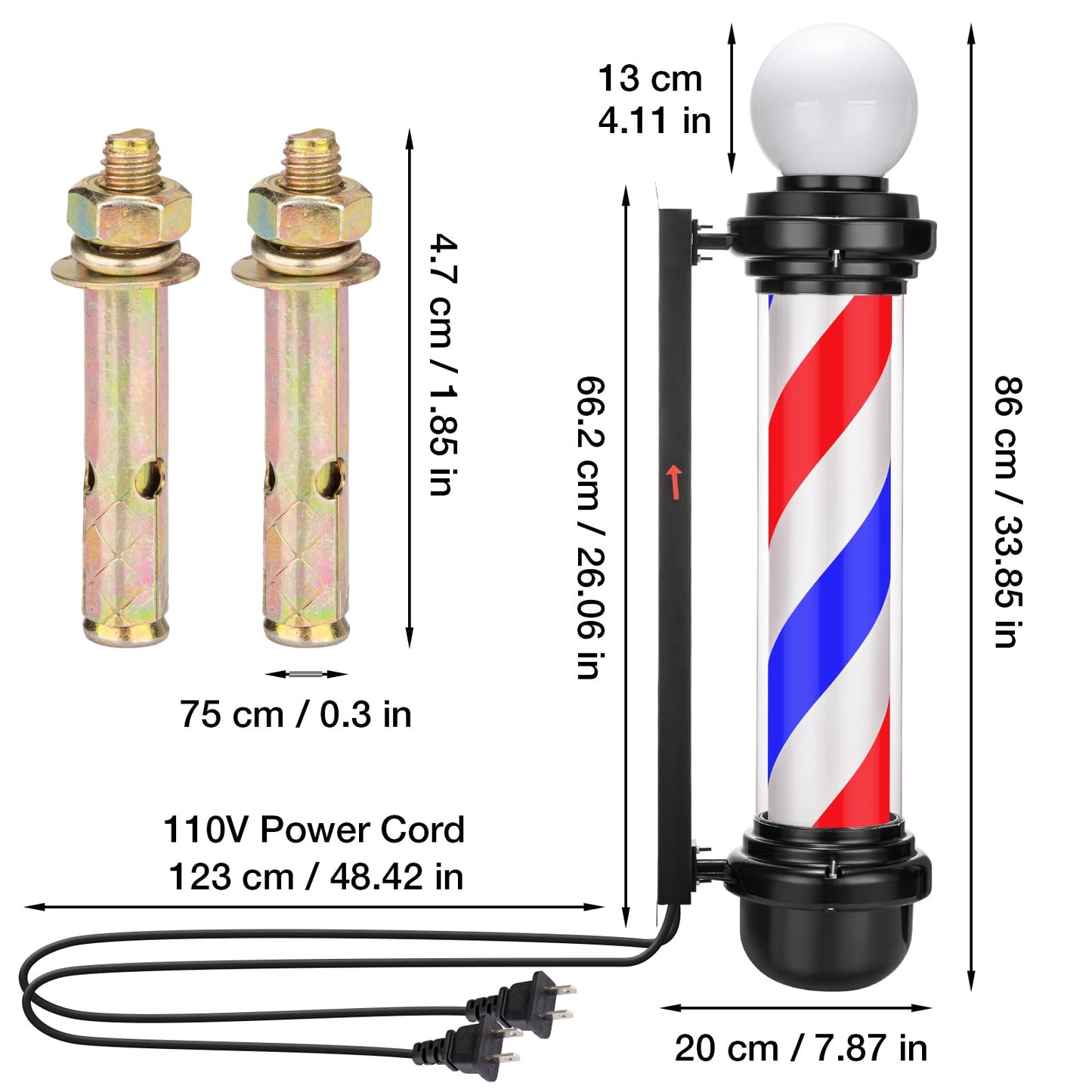 Noverlife 34in Barber Pole LED Sign, Barber Shop Pole Red Blue White Stripes Light, Classic Hair Salon Open Sign, Traditional Barbershop Ideas Wall Mount Rotating Light Waterproof Save Energy Lamp