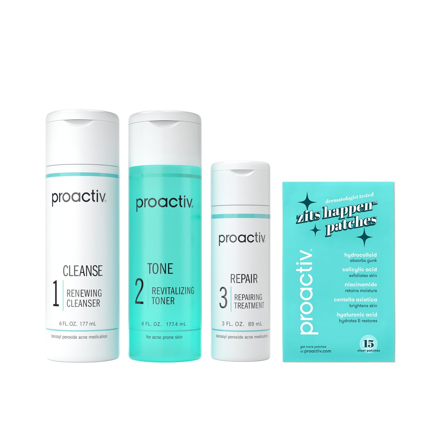 Proactiv 3 Step Acne Treatment w/ Pimple Patches - Benzoyl Peroxide Face Wash, Repairing Acne Spot Treatment for Face and Body, Exfoliating Toner - 90 Day Complete Acne Skin Care Kit + Pimple Patches