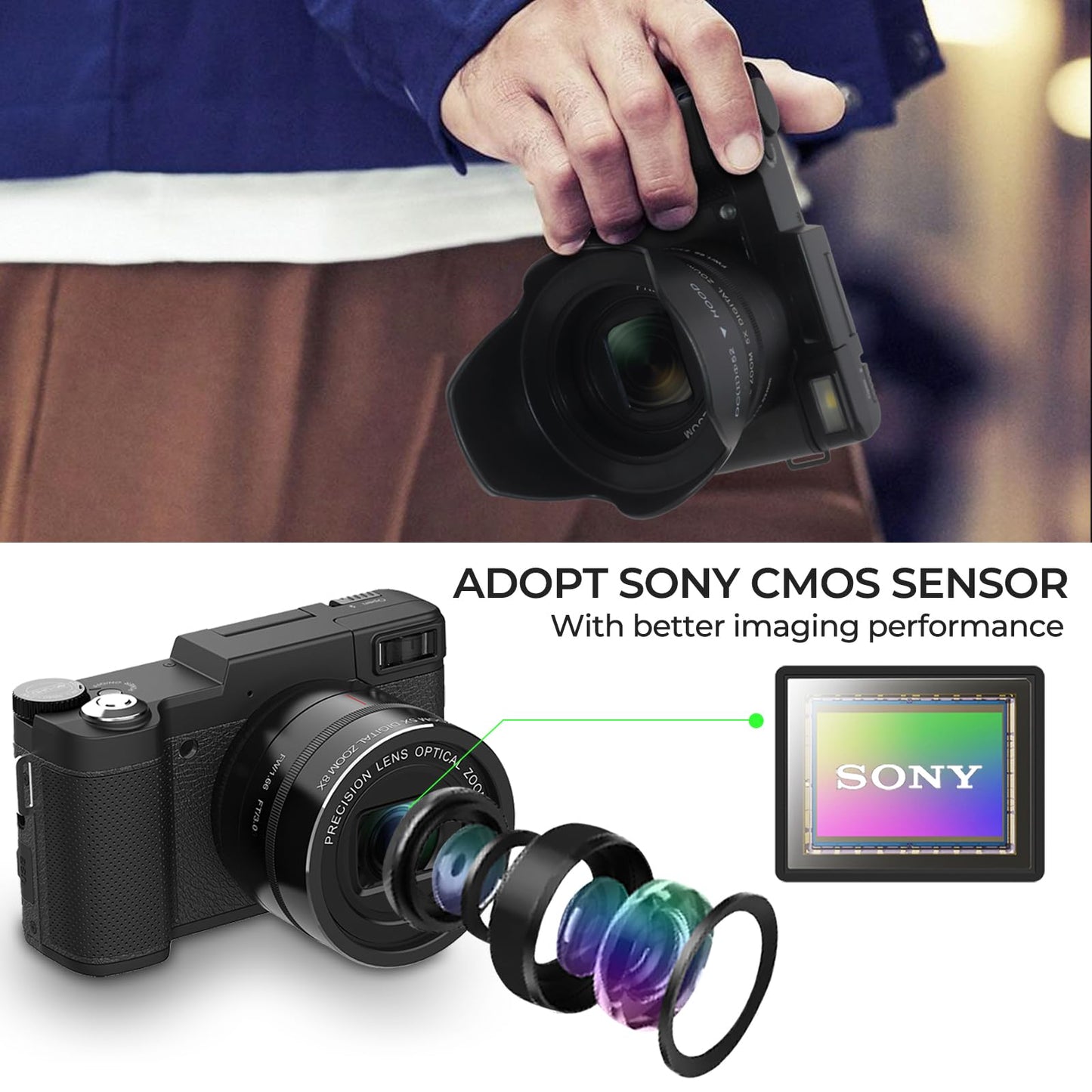5K Digital Camera, 5X Optical Zoom Cameras for Photography & Video, 64MP Autofocus Vlogging Cameras for YouTube, Flip Screen Camera for Beginners with Carring Bag Case, Lens Hood, Two Batteries