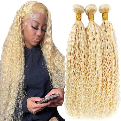 Habiliana Human Hair Bundles 14 16 18 Inch Blonde 613 Deep Wave Bundles Human Hair 100% Unprocessed Soft Sewn In with Double Drown Weft for Black Women