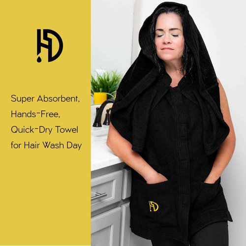 HAIR DRIP WEAR 2-In-1 Premium Protective Wearable Garment with Integrated Hair Drying Towel, BLACK, LARGE-XLARGE | Double Layered, Unisex | Super Absorbent, Quick-Dry, Natural Curly & Coily Hair