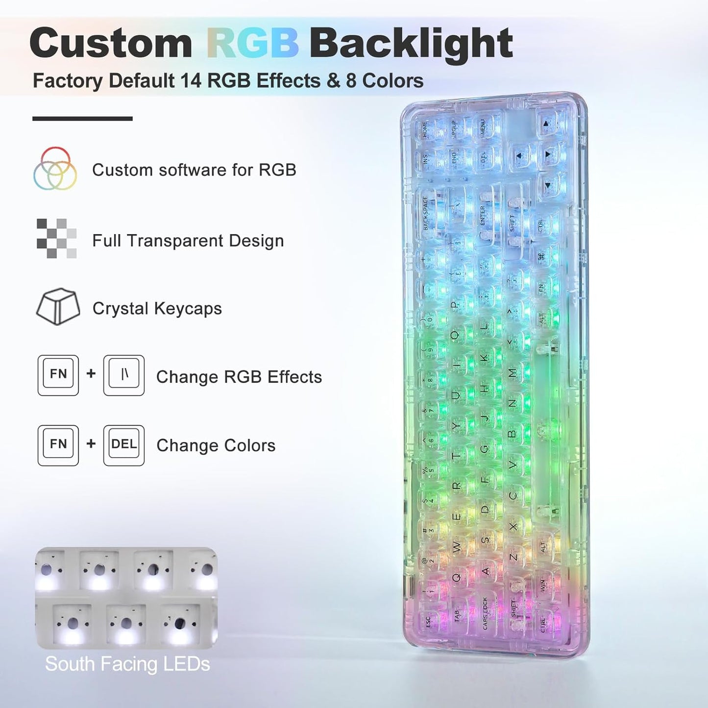 YUNZII X71 Wireless Hot Swappable Transparent Mechanical Keyboard with Clear Keycaps, 68% Layout, BT5.0/2.4G/USB-C Gasket Mount Wireless RGB Backlit for Windows/Mac(Crystal Ice Switch,White)