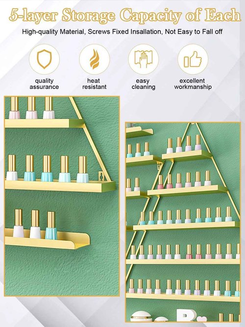 EBANKU 6PCS Nail Polish Racks 5 Tiers Nail Polish Shelf for Wall Triangular Display Rack Cosmetic Display Cases Lipstick Perfume Wall Shelf Essential Oil Organizers for Home Spa Nail Salon Shop(Gold)