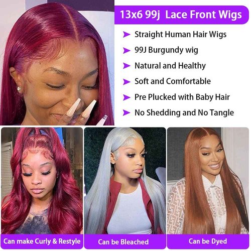 CHEETAHBEAUTY 99j Burgundy Lace Front Wigs Human Hair 24Inch 13x6 Burgundy Wig Human Hair 220% Density Brazilian Virgin Straight Human Hair Wigs for Women Pre Plucked with Baby Hair