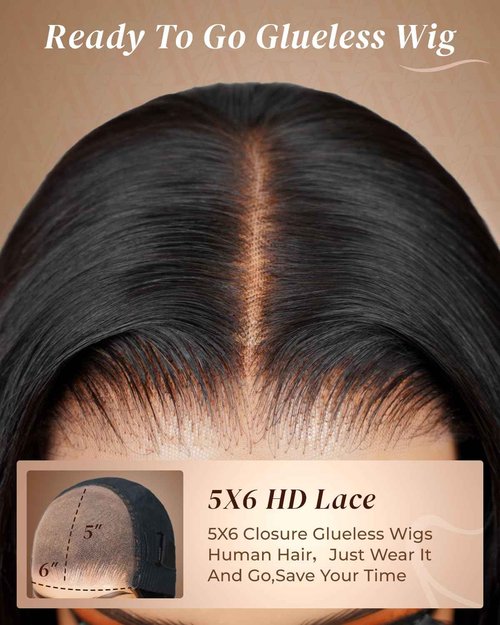 Arabella 5x6 Glueless Wigs Human Hair Pre Plucked Pre Cut Straight Wigs Human hair 230% Density No Glue HD Natural Color Lace Front Closure Ready to Wear Wigs 100% Human Hair For Black Women 16inch