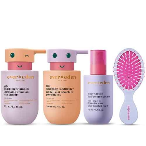 Evereden Kids Complete Haircare Set: Hair Detangling Shampoo, Conditioner & Spray for Children Ages 3+ & Pain-Free Hair Brush, Plant Protein Peptides & Argan Oil, Vegan, Free from Sulfate and Paraben