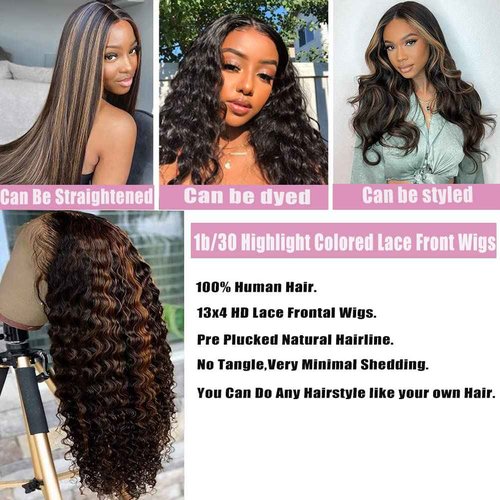 yamduly 24 Inch Highlight Ombre Lace Front Wig Human Hair Pre-Plucked 1B/30 Black Brown13x4 HD Lace Frontal Deep Wave Honey Blonde180% Density Balayage Glueless Wigs for Black Women