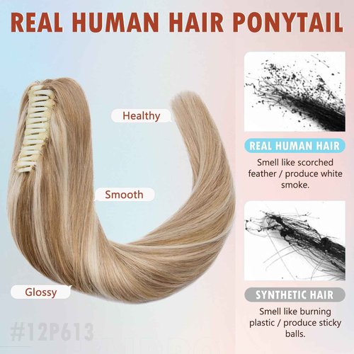 Hairro Claw Ponytail Extension Jaw On Clip On Ponytails Remy Hair Straight Balayage Two Tone Claw Clips Pony Tail Hairpiece For Women 16 Inch 105g #12P613 Golden Brown Mix Bleach Blonde