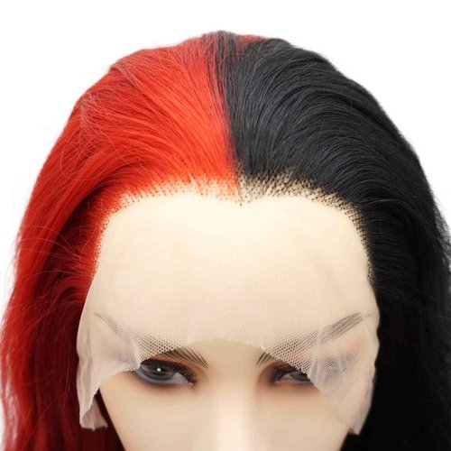 LUSHY BEAUTY Hair Synthetic Lace Front Wig Wavy Long 24inch Half Black Half Red Mix Heavy Density Heat Resistant Realistic Wig