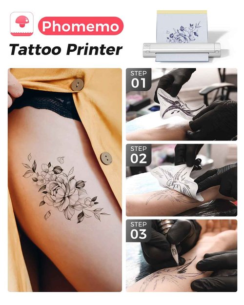 Phomemo M08F Bluetooth Tattoo Stencil Printer & Tattoo Transfer Paper - 110 Sheets A4 Size Portable Stencil Printer for Tattooing, Compatible with Smartphone & PC, Silver