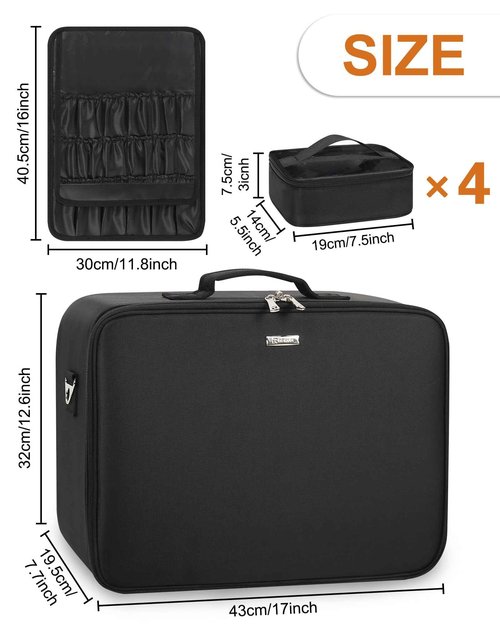 Relavel Extra Large Makeup Bag with LED Mirror, Cosmetic Train Case for Makeup Artists with 4 Removable Pouches and Adjustable Dividers, Hair Supplies Organizer, Travel Portable Mirror with Lights