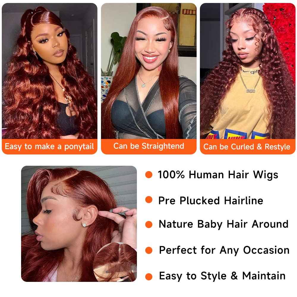 28 Inch Reddish Brown Lace Front Wigs Human Hair 13x4 HD Transparent Body Wave Lace Front Wigs Human Hair Pre Plucked Reddish Brown Wig Auburn Glueless Colored Frontal Wigs Human Hair