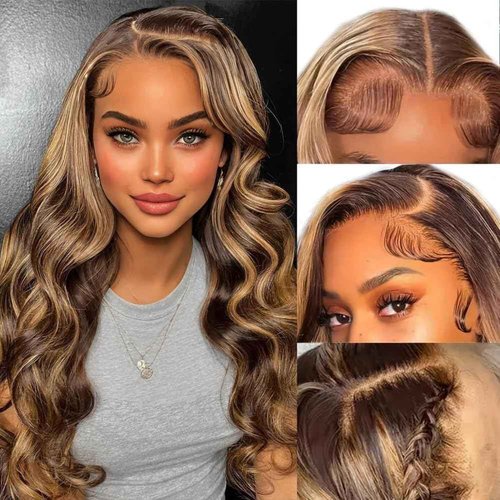Vibja Honey Blonde Glueless Wigs Human Hair for Black Women 13x4 Body Wave Highlight Ombre HD Lace Frontal Wigs Human Hair 200% Density 4/27 Pre Plucked with Baby Hair 24 Inch