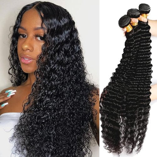 Human Hair Bundles Deep Wave 3 Bundles (16 18 20inches) 12A Grade Brazilian Virgin 100% Unprocessed Human Hair Deep Wavy Bundles Natural Black Weave Raw Hair