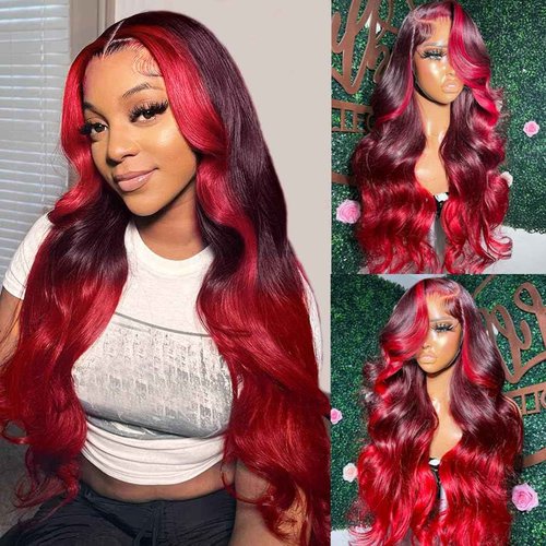YMS Ombre Red HD Lace Front Wigs Human Hair Pre Plucked 180% Density Black and Red Human Hair Wigs for Women Body Wave Colored Skunk Stripe Glueless Wig Real Hair 20 Inch Transparent Lace Frontal Wig