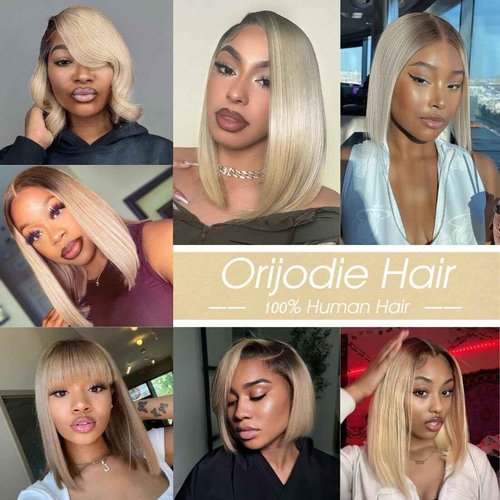 Orijodie 180% Density Ombre Ash Blonde Bob Wig Human Hair 13x4 HD Invisible Front Wigs for Women Grey Ash Blonde Glueless Straight Bob Wig with Dark Roots Bleached Knots 14 Inch