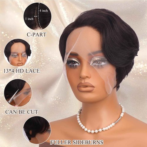 RUWISS Short Human Hair Wigs for Black Women Pixie Cut Wave Lace Front Human Hair Wig with Side Part Bangs for Women, Natural Hairline 100% Real Human Hair Wigs Short Bob Wig Daily Wear, Natural Black
