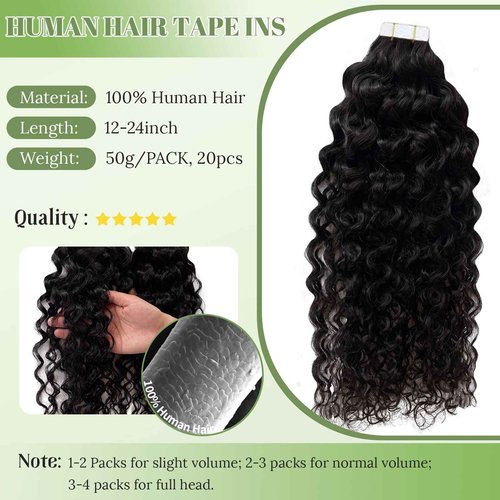 Tape in Hair Extensions Natural Black Wavy Real Human Hair Tape ins Hair Extensions Human Hair 50g Nautural Black Water Wave Tape ins for Black Women 22inch 20pcs