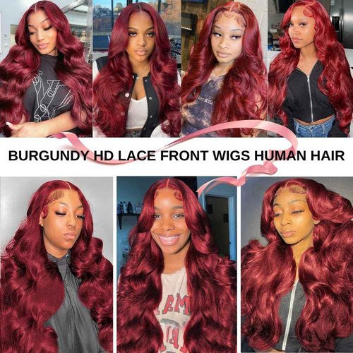 AOSUN 99j Burgundy Body Wave Lace Front Wig, 13x4 HD Lace Frontal Wig, Unprocessed Brazilian Virgin Human Hair, Adjustable Straps, 180 Density