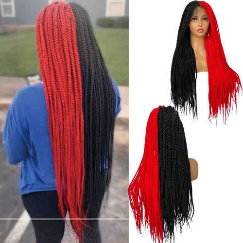 Voloria Braided Wigs for Black Women 9x6inch Double Lace Front Square Knotless Box Braid Wig Pre Plucked with Baby Hair Synthetic Hand Braiding Hair Wigs Cornrow Braids 36 Inch