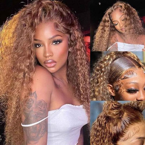 Ladoux Ombre Lace Front Wig Human Hair 13x4 HD Transparent Deep Wave for Women 180% Density 4/27 Honey Blonde Colored Highlight Curly Glueless Wigs 20Inch Pre Plucked with Baby Hair