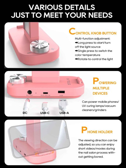STOLAS Upgraded Nail Light for Desk, 48W 3350LM Foldable 3 Modes 3000-6000K Stepless Table Lamp for Nail Tech with Charging Port and Phone Slot, Nail Lamp for Nail Art, Photography, Reading, Painting