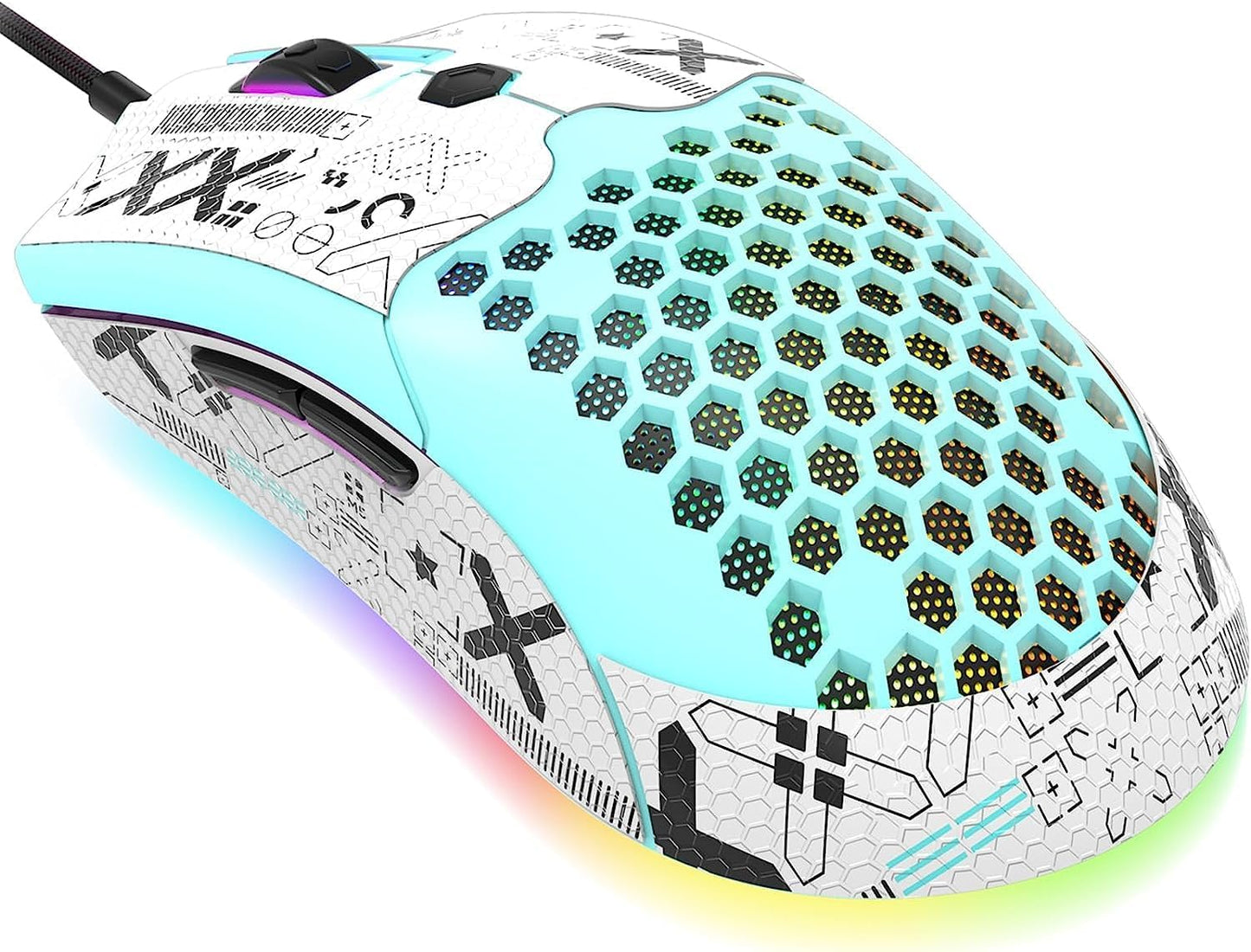 ZIYOU LANG M5 RGB Lightweight Wired Gaming Mouse with 12000 DPI 6 Programmed Buttons,65G Honeycomb Shell,Ultralight Ultraweave Cable,Pixart 3325 Optical Sensor Gamer Mice for Laptop PC Mac(White)