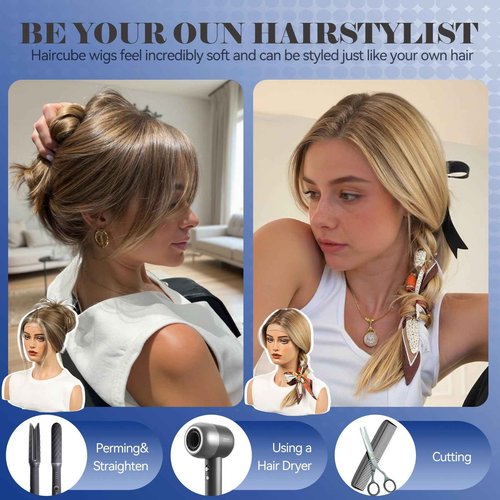 HAIRCUBE Human Hair Wig Lace Front Wig Ombre Ash Blonde Glueless Layered Shoulder-Length HairWigs for Women, Human Hair Blend, 13"×5"×1" HD Lace, 18 Inch Daily Use