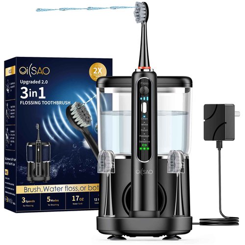 OILSAO Electric Toothbrush with Water Flosser Combo in One, Professional Flossing Toothbrush for Teeth Cleaning and Flossing, Plaque Removal, Rechargeable, 5 Brush Modes & 3 Flossing Speeds, 500ML