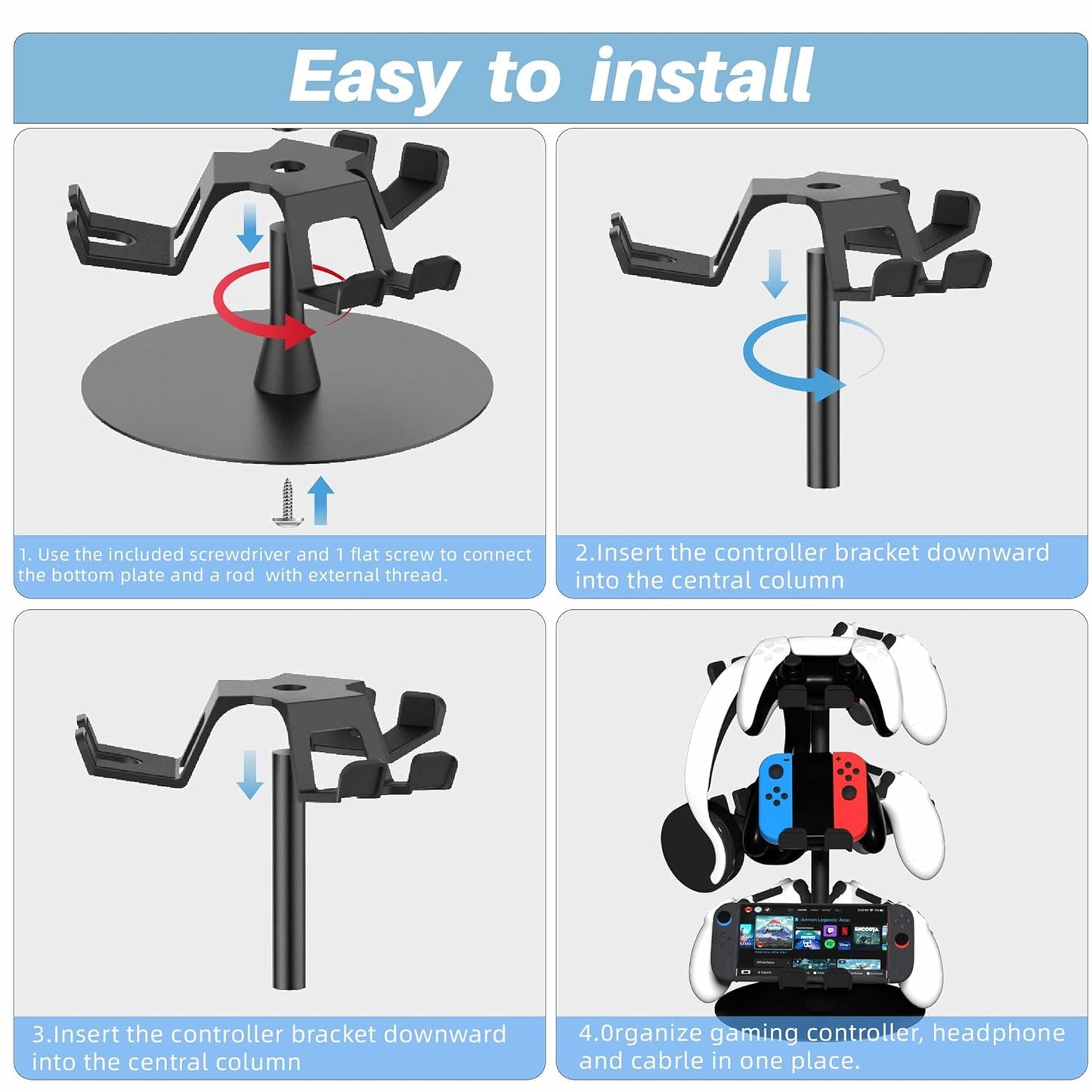 ZYTHRONE Controller&Headset Holder Gaming Rotatable Gamepad Stand Compatible with PS4/PS5/Xbox/Switch 2 Aluminum Alloy (3 Tiers)