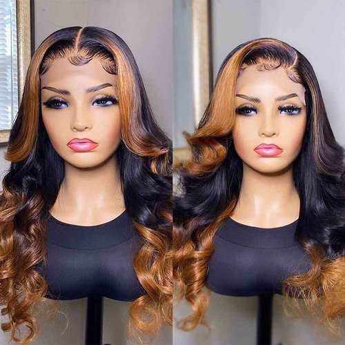 QTIKER Body Wave Ombre Honey Blonde Highlights Human Hair Wig 13x4 Transprent HD Lace Frontal Wig Brazilian Human Hair Wigs Pre Plucked With Baby Hair 150% Density (18Inch)