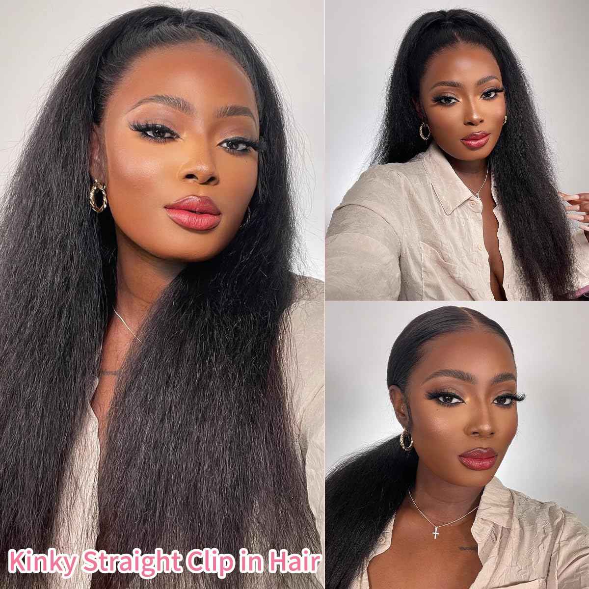 Kinky Straight Clip in Hair Extensions Human Hair for Black Women 8A Brazilian Yaki Real Hair Extensions Clip in Human Hair Full Head Natural Color 8pcs 20 Clips 110g/Set (16 inch)