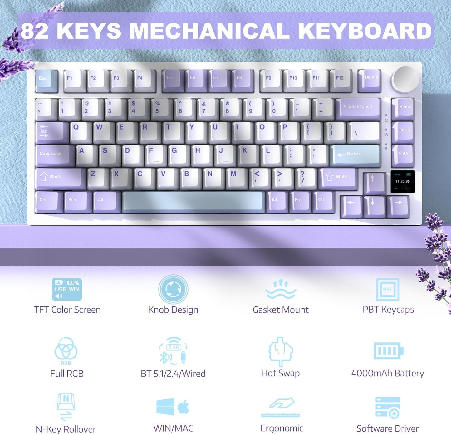 Ajazz AK820 Pro 75% Mechanical Keyboard, Gasket-Mounted Gaming Keyboard with TFT Smart Display&Knob + AJ159 2.4G Wireless Gaming Mouse,56g Ultralight with 26K DPI PAW3395 Sensor