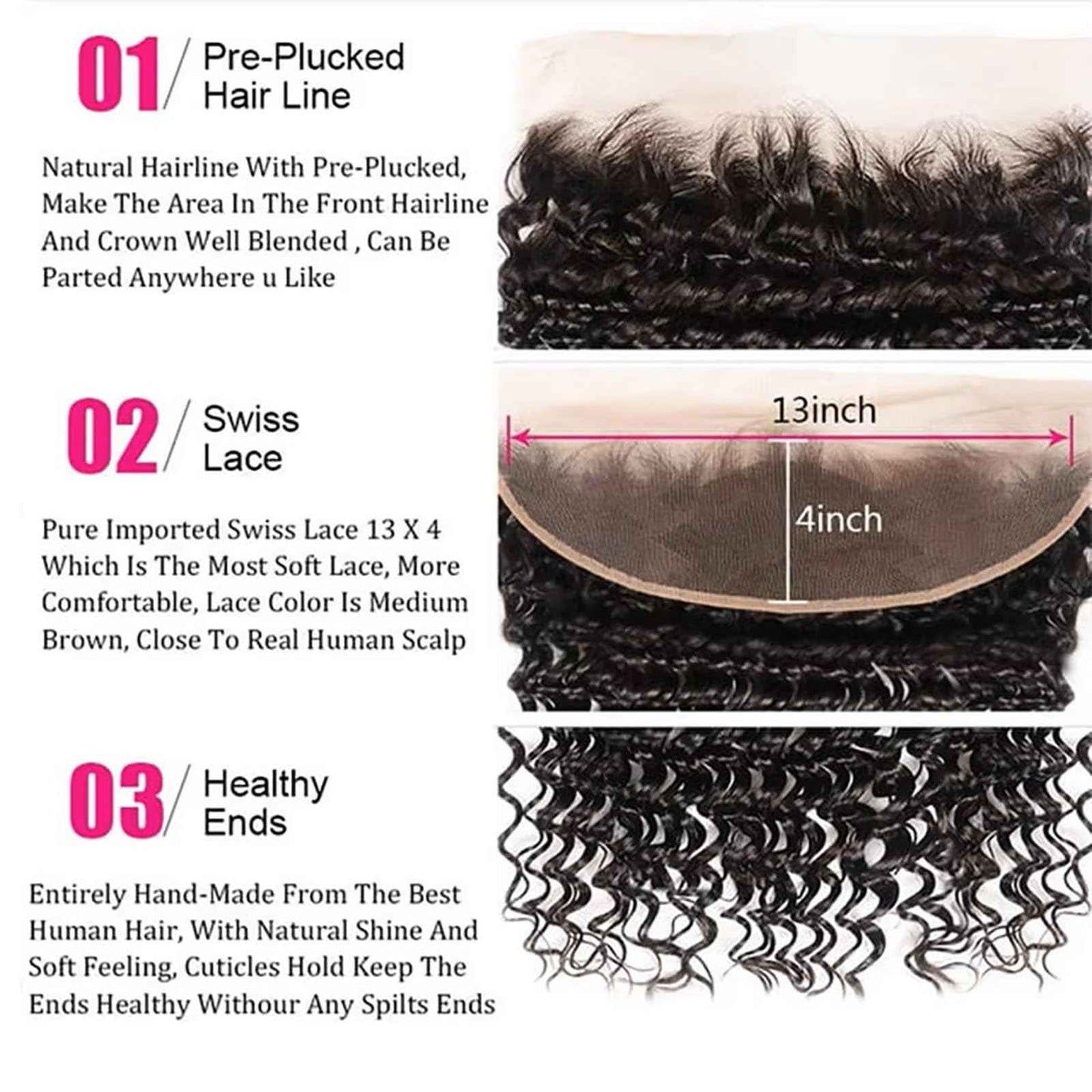 20 Inch Deep Wave Frontal 13x4 HD Lace Front Human Hair Pre Plucked with Baby Hair Ear to Ear Transparent Lace Frontal Closure 100% Virgin Deep Wave Lace Frontal