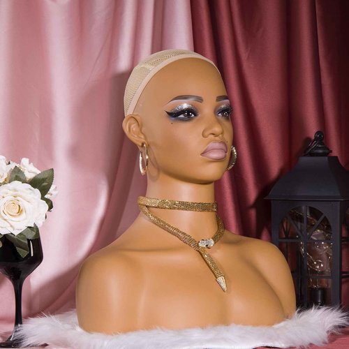 JINGFA PVC Premium Half Body Mannequin Head with Shoulders - Wig Head Stand Perfect for Displaying Wigs, Hats, and Jewelry- Medium Brown Realistic Makeup DH-YH2