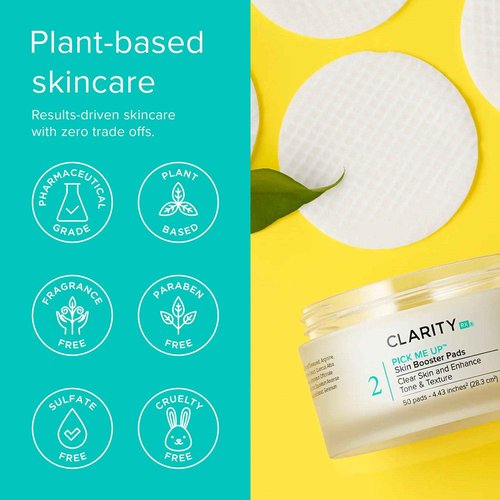 ClarityRx Pick Me Up Skin Booster Exfoliating Facial Pads, Natural Plant-Based Medicated Face Wipes for Acne-Prone & Aging Skin, Minimizes Pores, Fine Lines & Wrinkles (50 Count, 4 oz)
