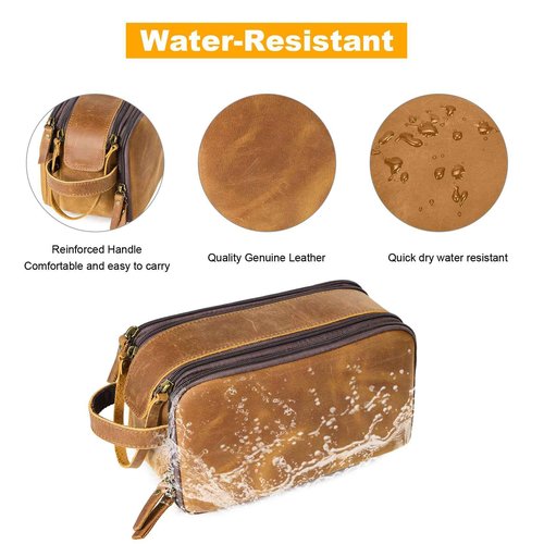 DENGFENGZHE Toiletry Bag for Men, Full Grain Leather Travel Pouch Shaving Dopp Kit Bathroom Toiletries Organizer Bags, Brown