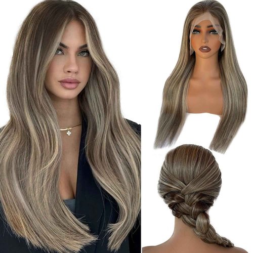 Valiilo 13x6 HD Lace Front Wig Human Hair Balayage Highlight 180% Density 22 Inch Free Part Ombre Brown to Ash Brown Human Hair with 613 Blonde Highlights Wig Pre Plucked